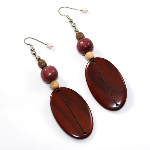 Large Rosewood Paddle and Bead Wood Earrings - Natural Artist